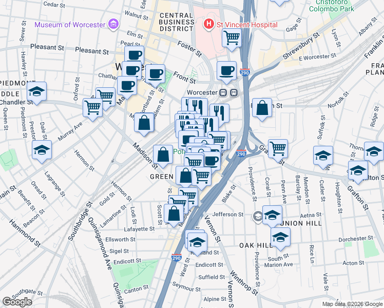 map of restaurants, bars, coffee shops, grocery stores, and more near 84 Green Street in Worcester