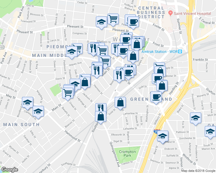 map of restaurants, bars, coffee shops, grocery stores, and more near 26 Beacon Street in Worcester