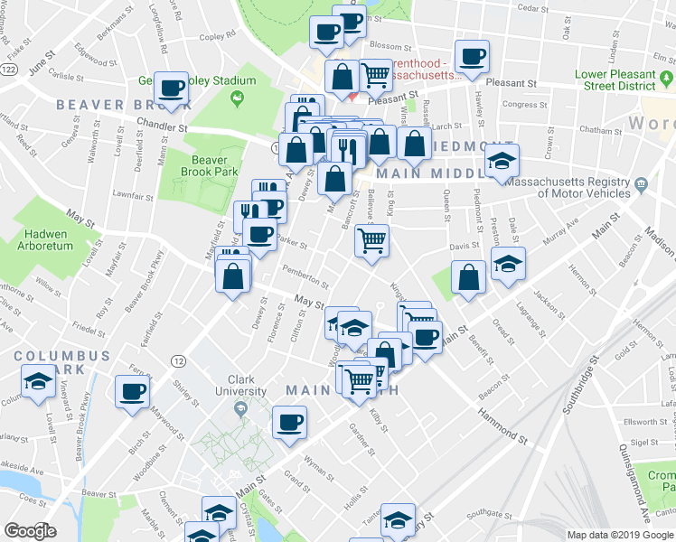 map of restaurants, bars, coffee shops, grocery stores, and more near 46 Kingsbury Street in Worcester