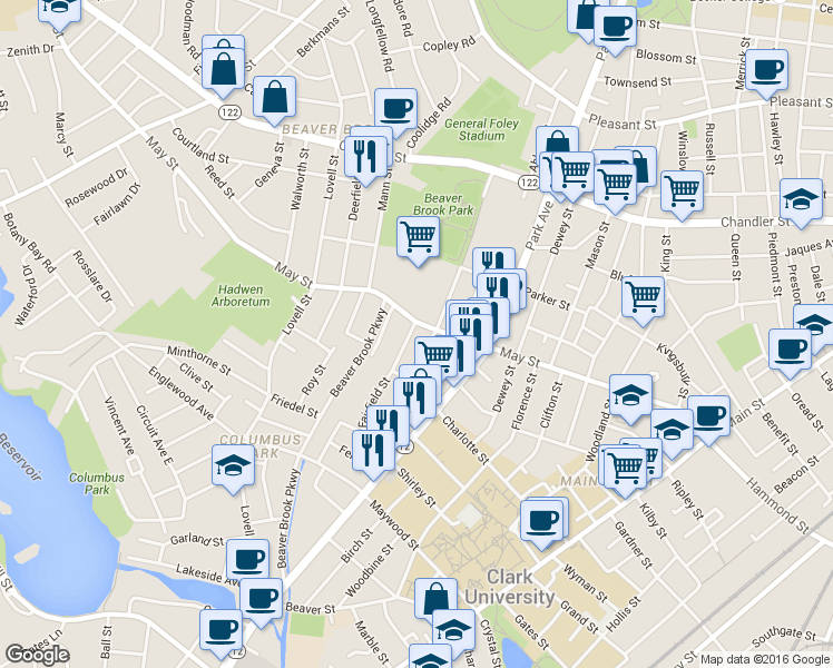 map of restaurants, bars, coffee shops, grocery stores, and more near 100 May Street in Worcester