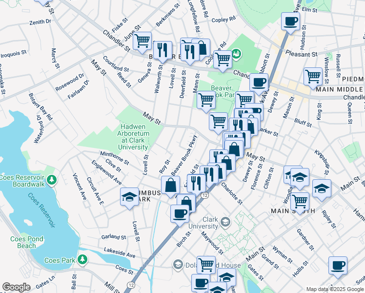 map of restaurants, bars, coffee shops, grocery stores, and more near 9 Mayfair Street in Worcester
