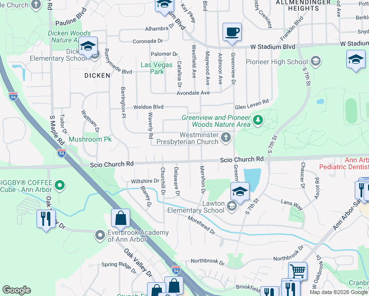 map of restaurants, bars, coffee shops, grocery stores, and more near 1815 Winsted Boulevard in Ann Arbor