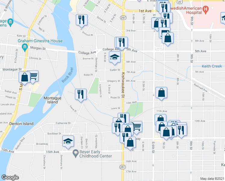 map of restaurants, bars, coffee shops, grocery stores, and more near 615 Gregory Street in Rockford