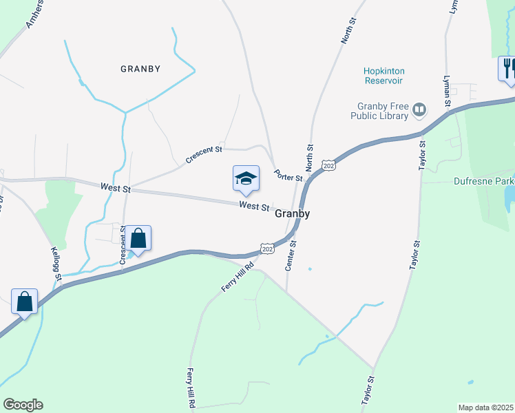 map of restaurants, bars, coffee shops, grocery stores, and more near 14 West Street in Granby