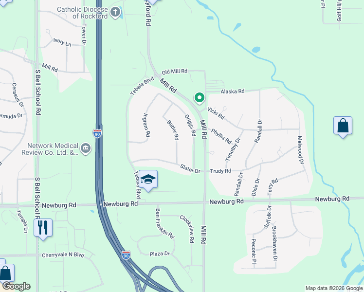 map of restaurants, bars, coffee shops, grocery stores, and more near 1208 Butler Road in Rockford