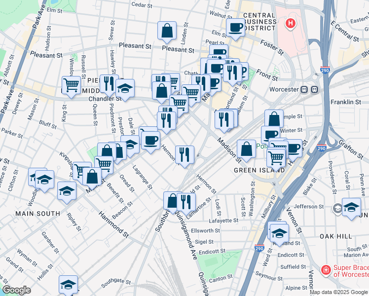map of restaurants, bars, coffee shops, grocery stores, and more near 21 Sycamore Street in Worcester