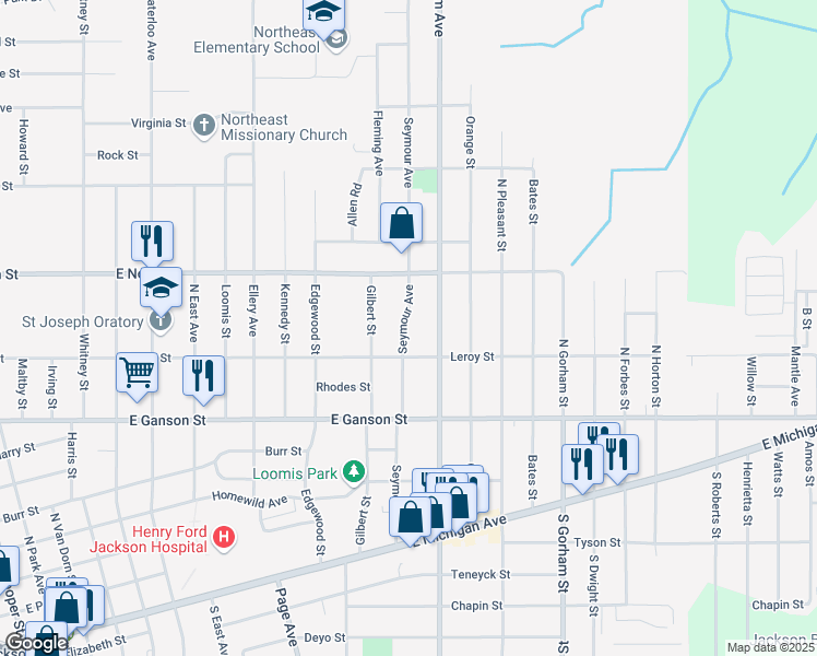 map of restaurants, bars, coffee shops, grocery stores, and more near 519 Seymour Avenue in Jackson