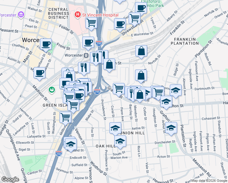 map of restaurants, bars, coffee shops, grocery stores, and more near 176 Grafton Street in Worcester