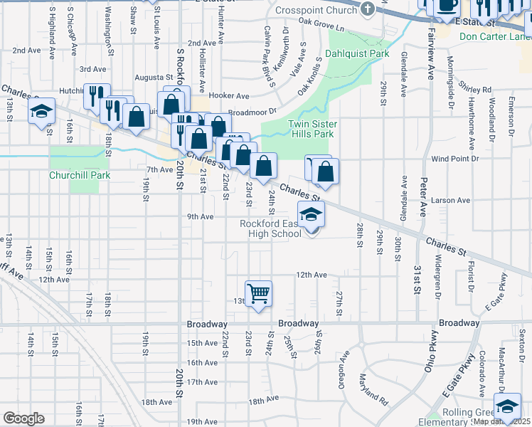 map of restaurants, bars, coffee shops, grocery stores, and more near 925 24th Street in Rockford