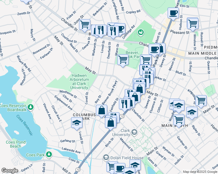 map of restaurants, bars, coffee shops, grocery stores, and more near 9 Mayfair Street in Worcester