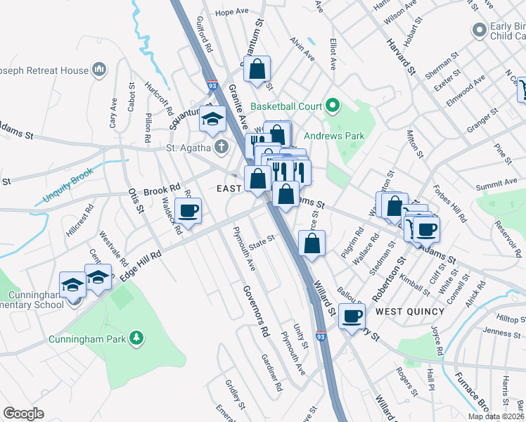 map of restaurants, bars, coffee shops, grocery stores, and more near 3 Boulevard Street in Milton