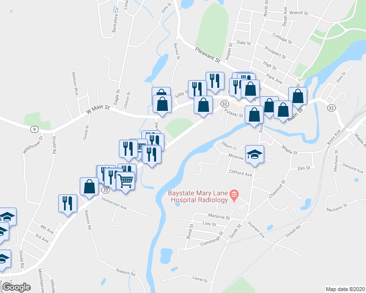map of restaurants, bars, coffee shops, grocery stores, and more near 96a West Street in Ware