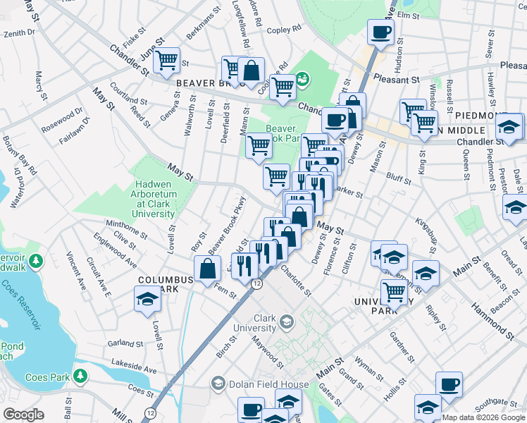 map of restaurants, bars, coffee shops, grocery stores, and more near 95 May Street in Worcester