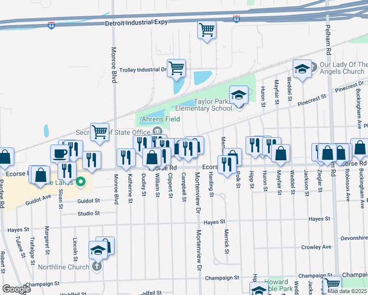 map of restaurants, bars, coffee shops, grocery stores, and more near 21154 Pinecrest Street in Taylor