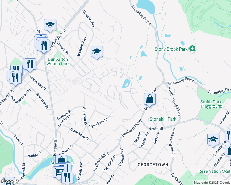 map of restaurants, bars, coffee shops, grocery stores, and more near 400 Georgetowne Drive in Boston