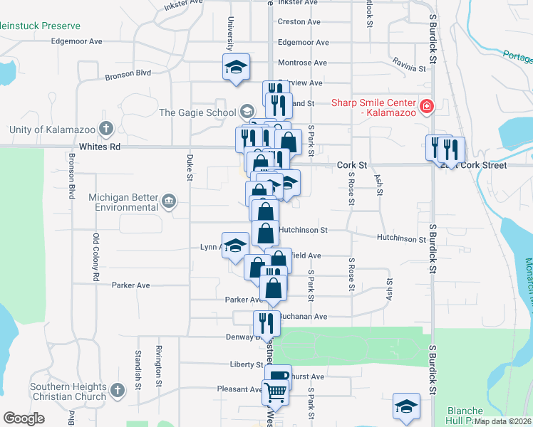 map of restaurants, bars, coffee shops, grocery stores, and more near 500-698 Ely's Way in Kalamazoo