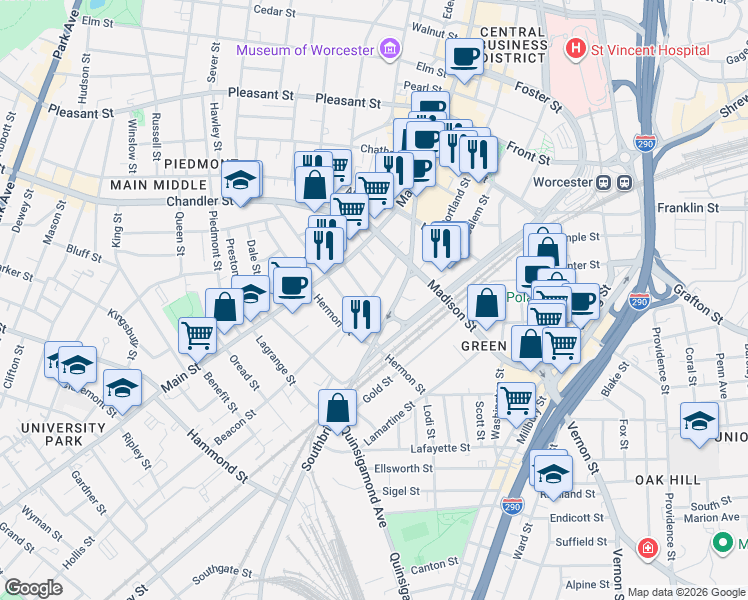 map of restaurants, bars, coffee shops, grocery stores, and more near 30 Beacon Street in Worcester