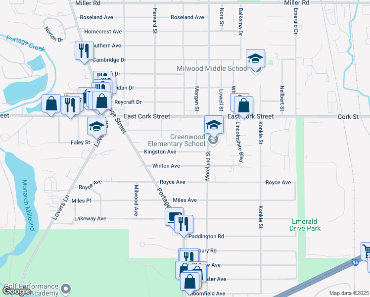 map of restaurants, bars, coffee shops, grocery stores, and more near 1603 Kingston Avenue in Kalamazoo