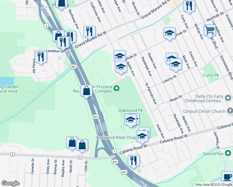 map of restaurants, bars, coffee shops, grocery stores, and more near 2555 Pulford Street in Windsor