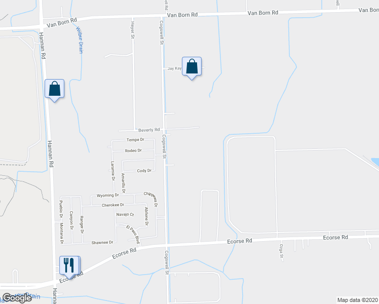 map of restaurants, bars, coffee shops, grocery stores, and more near 6505 Cogswell Street in Romulus