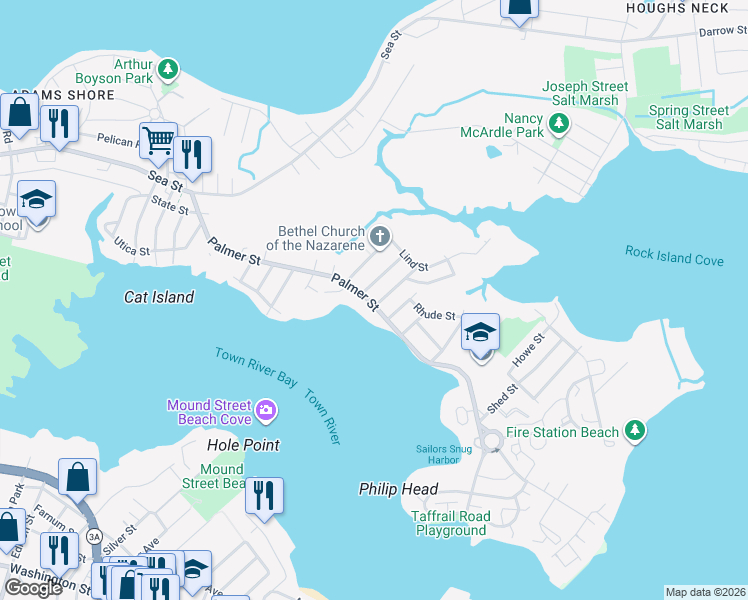 map of restaurants, bars, coffee shops, grocery stores, and more near 12 Broady Avenue in Quincy
