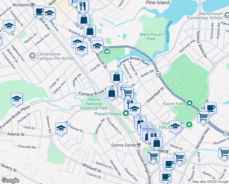 map of restaurants, bars, coffee shops, grocery stores, and more near in Quincy