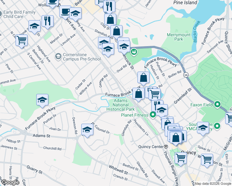 map of restaurants, bars, coffee shops, grocery stores, and more near 15 Morgan Road in Quincy