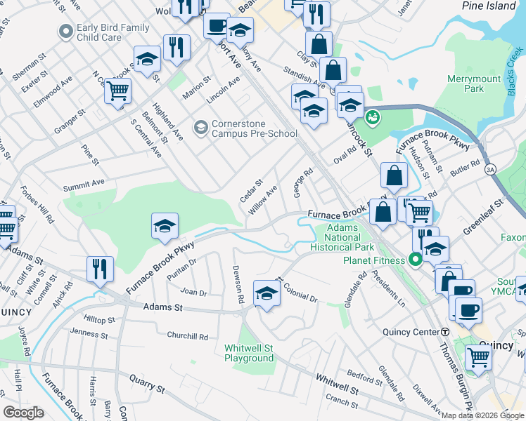 map of restaurants, bars, coffee shops, grocery stores, and more near 76 Willow Avenue in Quincy