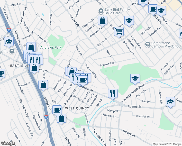 map of restaurants, bars, coffee shops, grocery stores, and more near 6 Hilda Street in Quincy