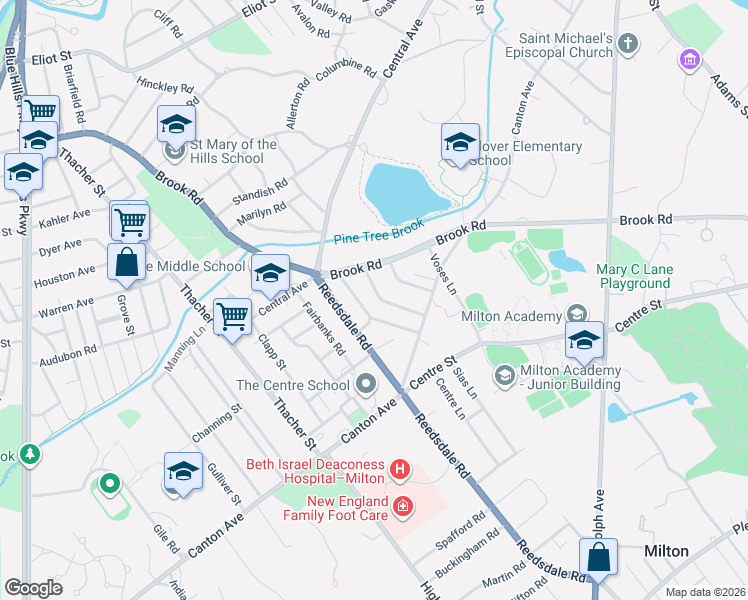 map of restaurants, bars, coffee shops, grocery stores, and more near 15 Frothingham Street in Milton