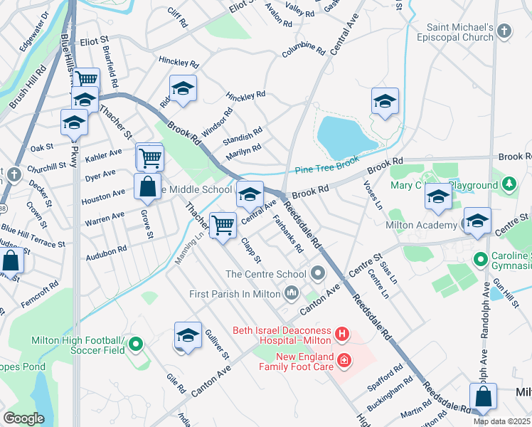map of restaurants, bars, coffee shops, grocery stores, and more near 434 Central Avenue in Milton