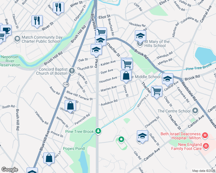 map of restaurants, bars, coffee shops, grocery stores, and more near 19 Houston Avenue in Milton