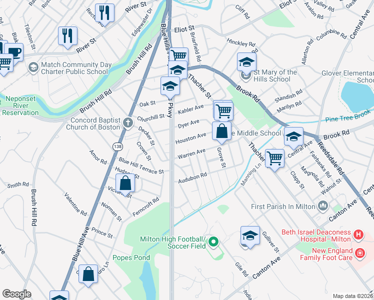map of restaurants, bars, coffee shops, grocery stores, and more near 19 Houston Avenue in Milton