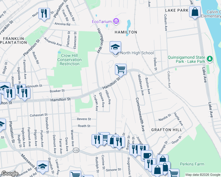 map of restaurants, bars, coffee shops, grocery stores, and more near in Worcester
