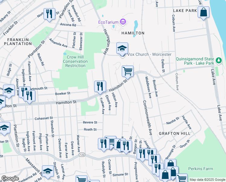 map of restaurants, bars, coffee shops, grocery stores, and more near in Worcester