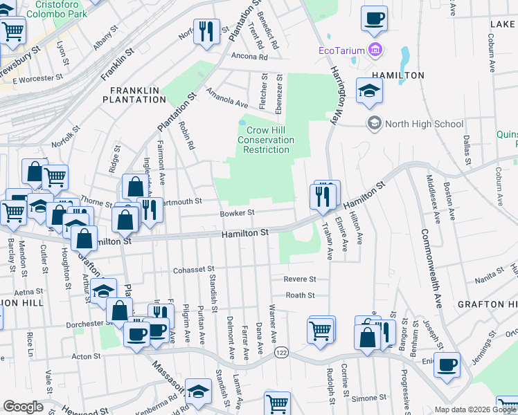 map of restaurants, bars, coffee shops, grocery stores, and more near 95 Bowker Street in Worcester
