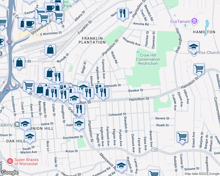 map of restaurants, bars, coffee shops, grocery stores, and more near 73 Fairmont Avenue in Worcester