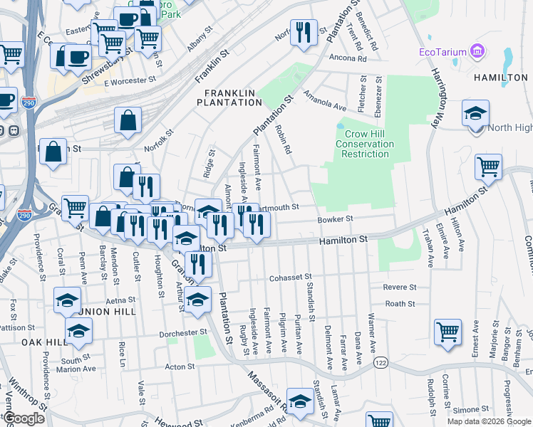 map of restaurants, bars, coffee shops, grocery stores, and more near 73 Fairmont Avenue in Worcester