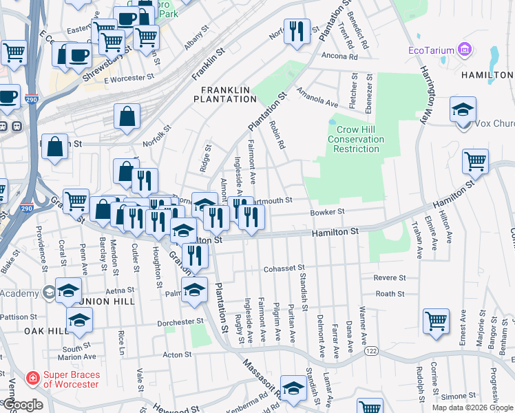 map of restaurants, bars, coffee shops, grocery stores, and more near 31 Dartmouth Street in Worcester