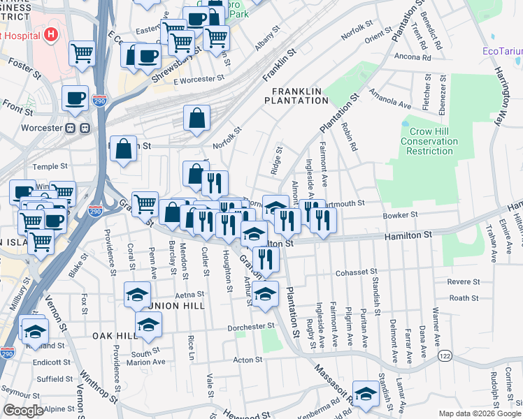 map of restaurants, bars, coffee shops, grocery stores, and more near 101 Plantation Street in Worcester