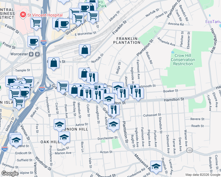 map of restaurants, bars, coffee shops, grocery stores, and more near 101 Plantation Street in Worcester
