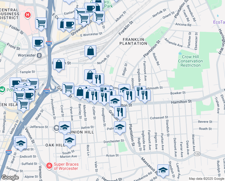 map of restaurants, bars, coffee shops, grocery stores, and more near 101 Plantation Street in Worcester