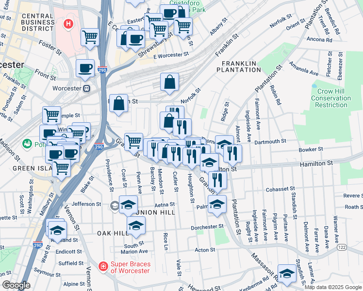 map of restaurants, bars, coffee shops, grocery stores, and more near 65 Suffolk Street in Worcester