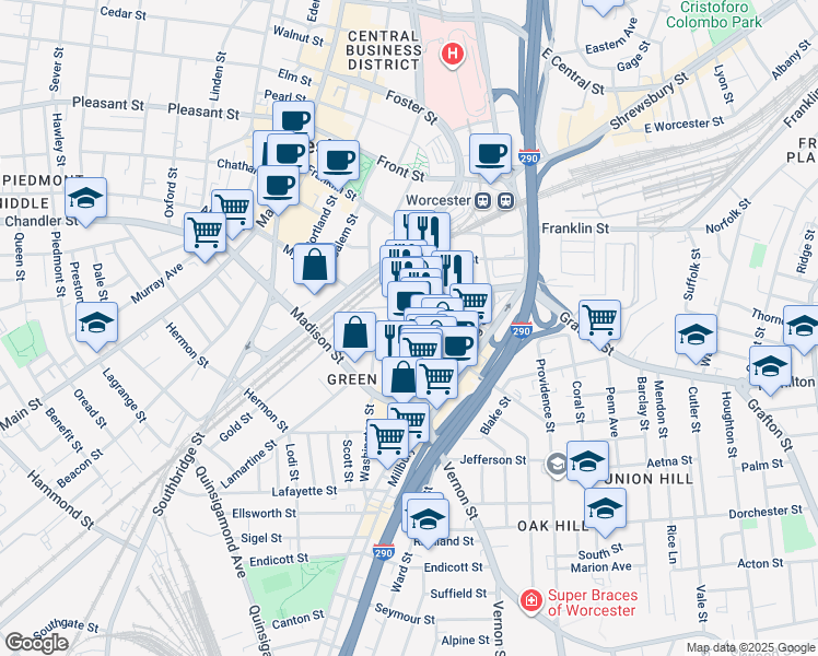 map of restaurants, bars, coffee shops, grocery stores, and more near 2 Plymouth Street in Worcester