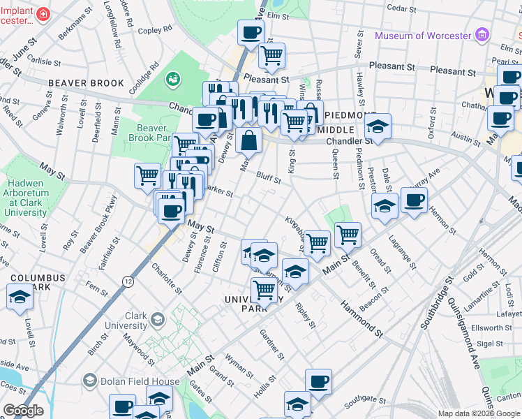 map of restaurants, bars, coffee shops, grocery stores, and more near 46 Kingsbury Street in Worcester