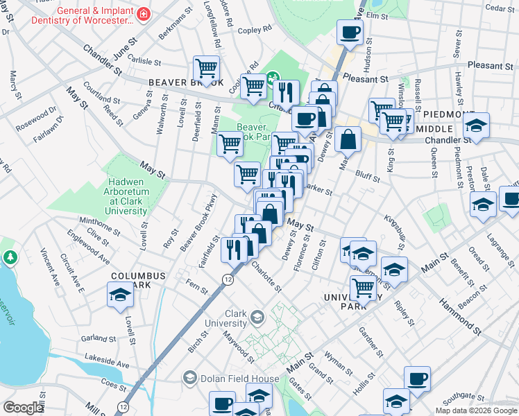 map of restaurants, bars, coffee shops, grocery stores, and more near 123 Mayfield Street in Worcester