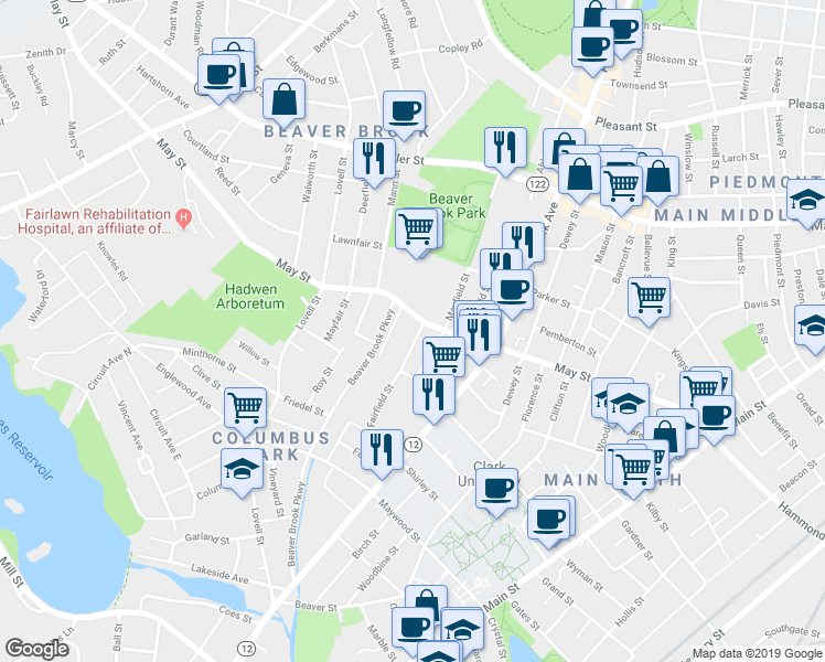 map of restaurants, bars, coffee shops, grocery stores, and more near 100 May Street in Worcester