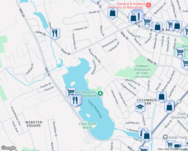 map of restaurants, bars, coffee shops, grocery stores, and more near 41 Waterford Drive in Worcester