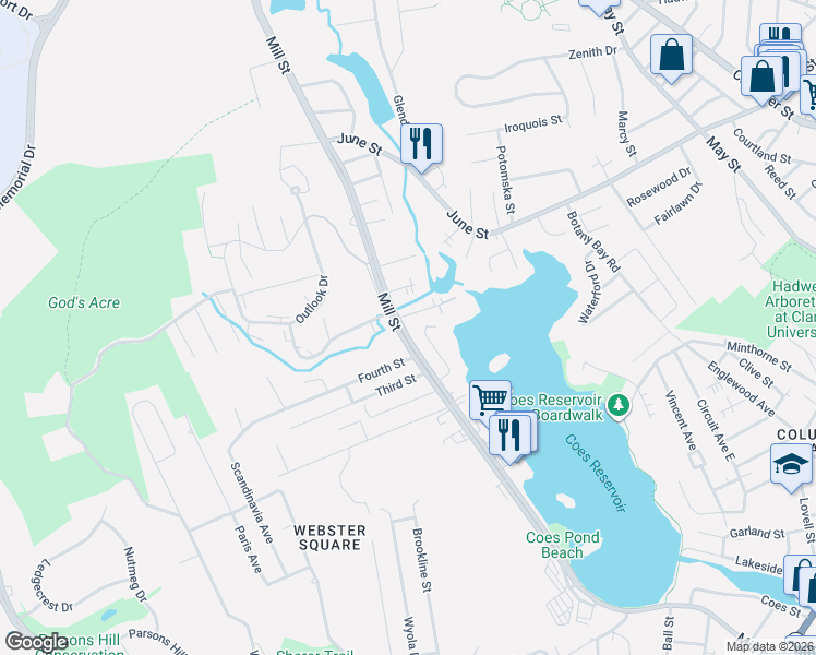 map of restaurants, bars, coffee shops, grocery stores, and more near 328 Mill Street in Worcester