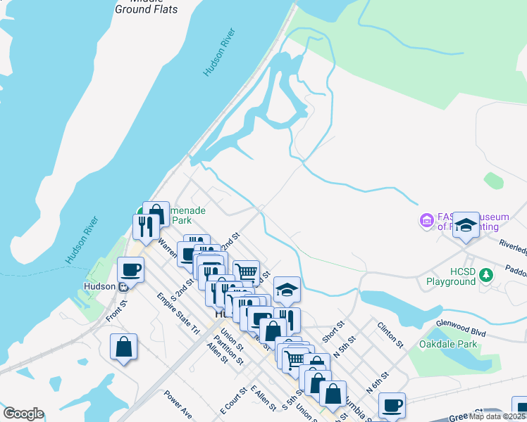 map of restaurants, bars, coffee shops, grocery stores, and more near 85 Milo St in Hudson